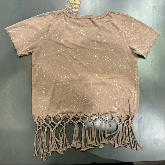 NWT Women's Affliction Live Fast Moto Girls Knotted Tee T-Shirt Tan Size Small - Picture 3 of 3